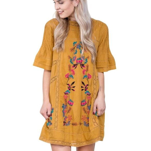 Free People Victorian Mini Dress Mustard Embroidered A Line Bohemian Size L - Picture 6 of 12